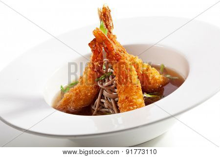 Japanese Cuisine - Soup with Deep Fried Shrimps and Noodles