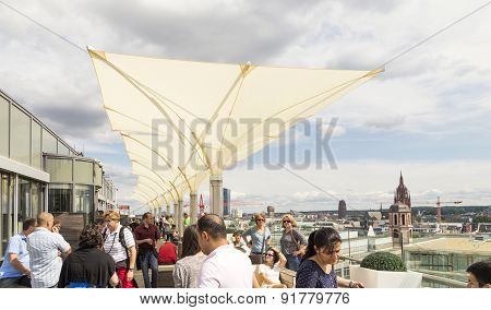 People Enjoy The View From The Panorama Platform To Frankfurt