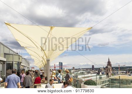 People Enjoy The View From The Panorama Platform To Frankfurt