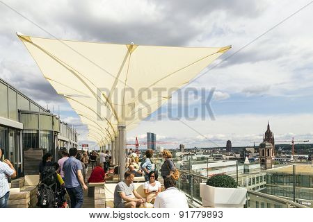 People Enjoy The View From The Panorama Platform To Frankfurt