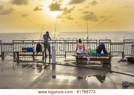 People At Fishing Pier In Sunny Isles Beach , Florida