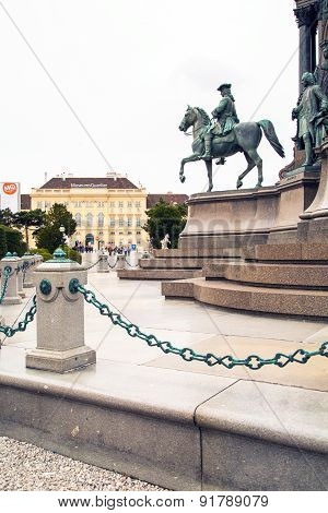 Tourists near MuseumsQuartier Wien and part of Maria Theresien Monument in Vienna, Austria