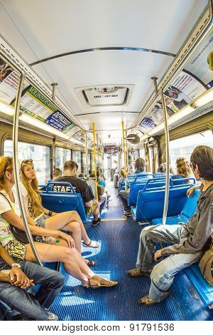 People In The Downtown Metro Bus In Miami, Usa