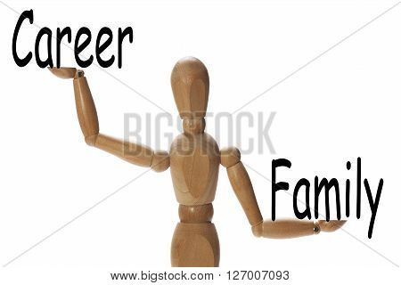 Mannequin measuring the importance of family versus the career on the palms of the hands