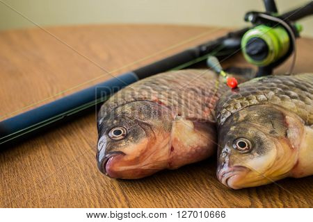 carp with fishing tackle on the wooden background