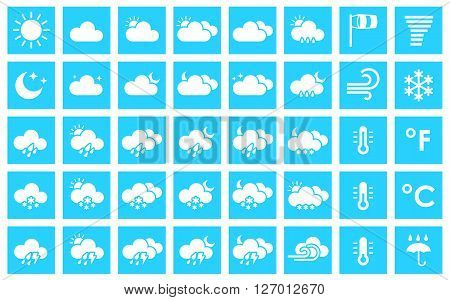 Set of weather icons. Vector illustration for your design solution of blue color. Eps 10. Clear sky. Cloudy weather. Increased cloudiness. Sunshine. Sunlight. Tornado. Blizzard