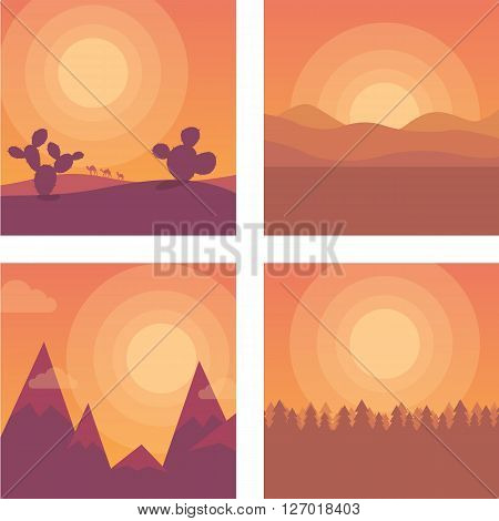 Flat cartoon sunset landscape set. Different locations: desert, mountains and sea. Background vector illustration collection
