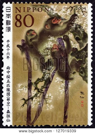 JAPAN - CIRCA 2004: a stamp printed in the Japan shows Uchu-no Sakura Gohiki-no Saru-zu Painting by Sosen Mori Philately Week circa 2004