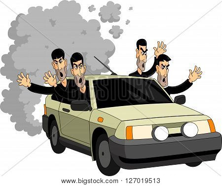 Caucasian males riding on the old car.
