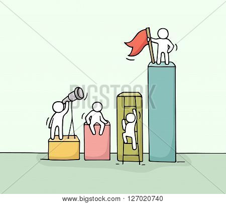 Sketch of diagramm with working little people. Doodle cute miniature teamwork. Hand drawn cartoon vector illustration for business design and infographic.