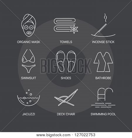 Premium spa thin line icons set on dark background. Exceptional elegant linear logo concept. 
Exclusive outline sign vector illustration.