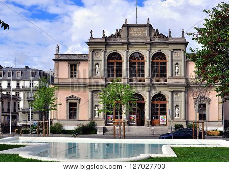 GENEVA SWITZERLAND - AUGUST 17: Facade of the Music Conservatory in Geneva on August 17 2015. The Conservatoire de musique is a music school in Geneva Switzerland