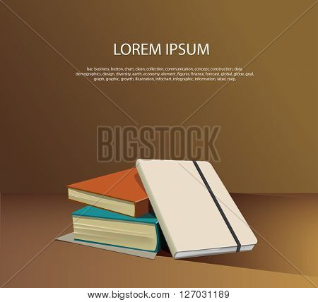 Three books on the desk. Vector illustration.