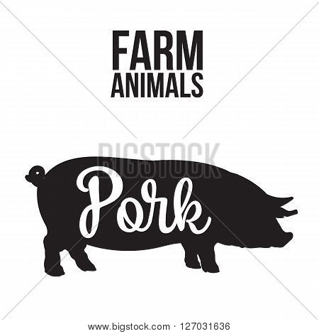 Black contour farm animal with a white inscription inside, Logo pig vector animal, outline for the product, vector illustration contour farming pig with lettering on the pork meat