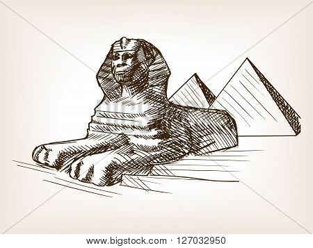 Egypt sphinx and pyramids sketch style vector illustration. Old hand drawn engraving imitation. Pharaoh tomb.