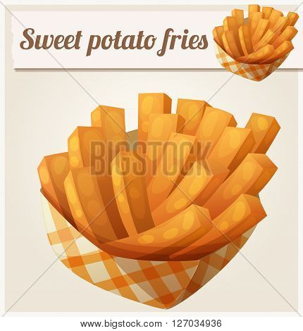 Sweet potato fries in paper box. Detailed vector icon. Series of food and drink and ingredients for cooking.