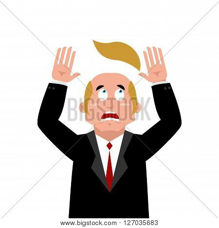 Man And Wig. Scared Businessman Lost Their Hair. Artificial Hair Flew With Bald Head. Man In Confusi