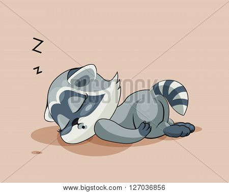 Vector Stock Illustration isolated Emoji character cartoon Raccoon cub sleeps on the stomach sticker emoticon for site, info graphic, video, animation, websites, e-mails, newsletters, reports, comics
