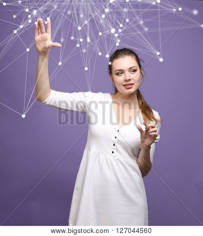 Global network concept, woman working with futuristic computer interface.