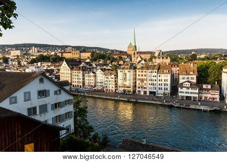 Famous Postcard View Of Various Houses And Churches In The Old Town Part Of Zurich
