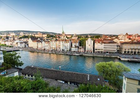 Famous Postcard View Of Various Houses And Churches In The Old Town Part Of Zurich