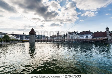 Lucerne, Switzerland - August 2: Views Of The Famous Bridge Kapellbruecke On Late Afternoon In Lucer