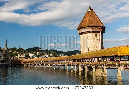 Lucerne, Switzerland - August 2: Views Of The Famous Bridge Kapellbruecke On Late Afternoon In Lucer