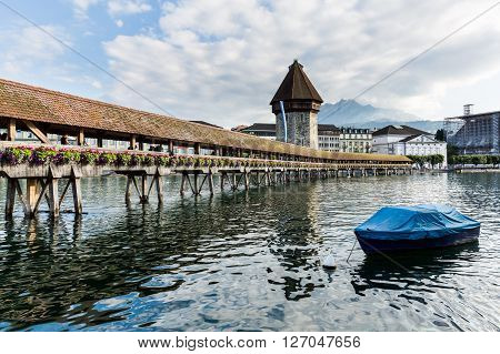Lucerne, Switzerland - August 2: Views Of The Famous Bridge Kapellbruecke On Late Afternoon In Lucer