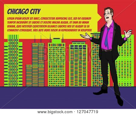Presentation on background of city. Businees man in the suit. Character with bubble talk. Conference in Chicago