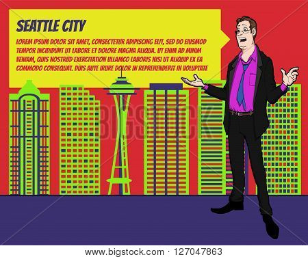 Presentation on background of city. Businees man in the suit. Character with bubble talk. Conference in Seattle