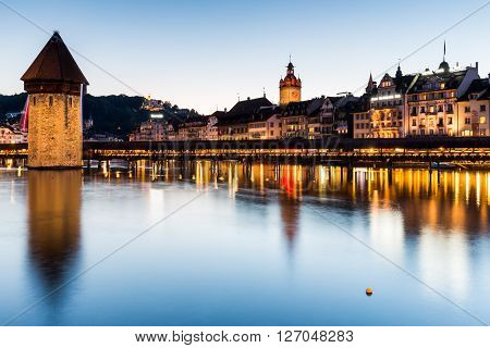 Lucerne, Switzerland - August 2: Views Of The Famous Bridge Kapellbruecke At Sunset In Lucerne On Au