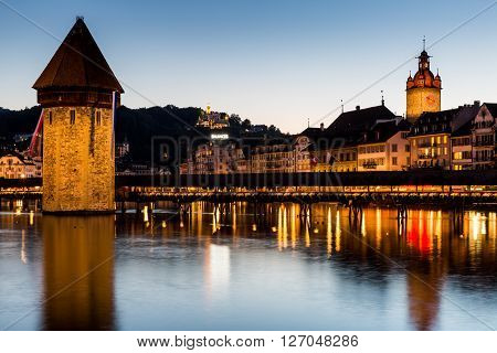 Lucerne, Switzerland - August 2: Views Of The Famous Bridge Kapellbruecke At Sunset In Lucerne On Au