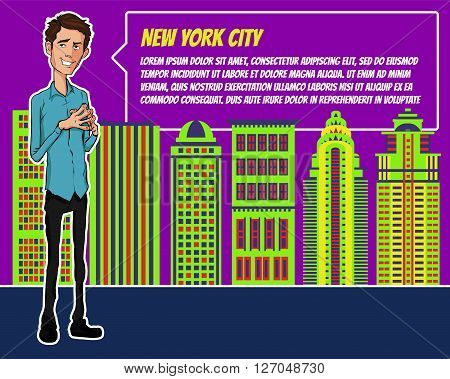 Presentation on background of city. Businees man in the suit. Character with bubble talk. Conference in New York