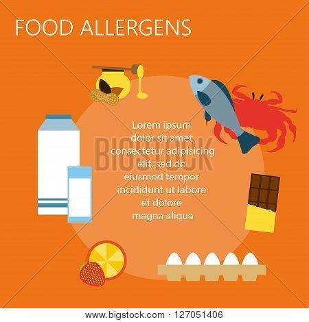Food allergens set. Vector illustration. Foods cause allergies. Milk, eggs, honey and nuts, seafood, chocolate and citrus. Flat design