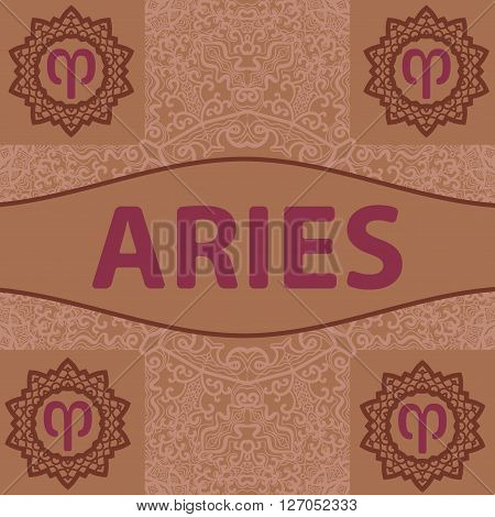 Hand-drawn zodiac Aries with ethnic floral geometric doodle pattern. Western Horoscope Symbol. Vector illustration. The Ram. Fist Zodiac icon with mandala print flat design.