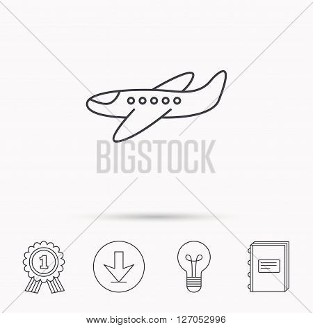 Airplane icon. Aircraft travel sign. Flight transport symbol. Download arrow, lamp, learn book and award medal icons.