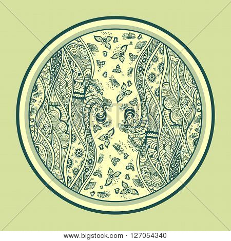 Zen doodle or Zen tangle texture or pattern  dark green yellow  in circle with butterfly flowers hearts waves swirl for  wallpaper or for decorate package clothes