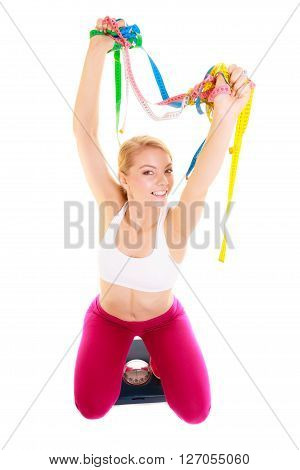 Happy Woman On Weighing Scale. Slimdown.