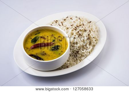 Whole Yellow Lentil with Rice, dal tadka and jeera rice, Indian Dish, cooked rice and cooked Arhar or Toor dal (Pigeon Pea)