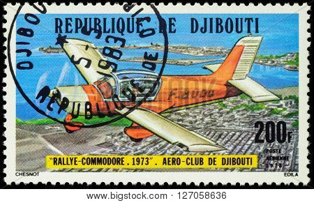 MOSCOW RUSSIA - APRIL 21 2016: A stamp printed in Djibouti shows French light aircraft Morane Saulnier Rallye Commodore series 