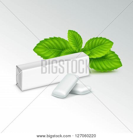 Pack of Chewing Gum with Fresh Mint Leaves Isolated on White Background