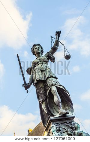 Justitia - Lady Justice - Sculpture On The Roemerberg Square In Frankfurt