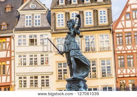 Justitia - Lady Justice - Sculpture On The Roemerberg Square In Frankfurt