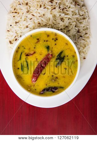 Whole Yellow Lentil with Rice, dal tadka and jeera rice, Indian Dish, cooked rice and cooked Arhar or Toor dal (Pigeon Pea)