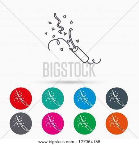 Shooting slapstick icon. Celebration sign. Linear icons in circles on white background.