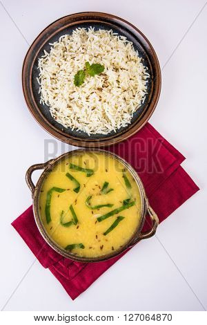 Whole Yellow Lentil with Rice, dal tadka and jeera rice, Indian Dish, cooked rice and cooked Arhar or Toor dal (Pigeon Pea)