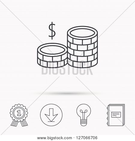 Dollar coins icon. Cash money sign. Bank finance symbol. Download arrow, lamp, learn book and award medal icons.