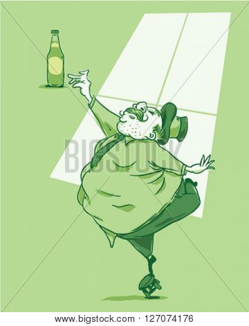 Fat guy trying to grab a beer standing on a bench - style vector illustration isolated on green background - Sign
