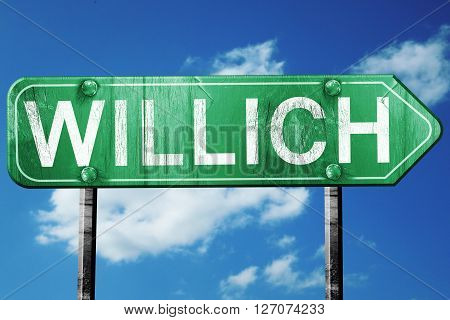 Willich road sign, on a blue sky background