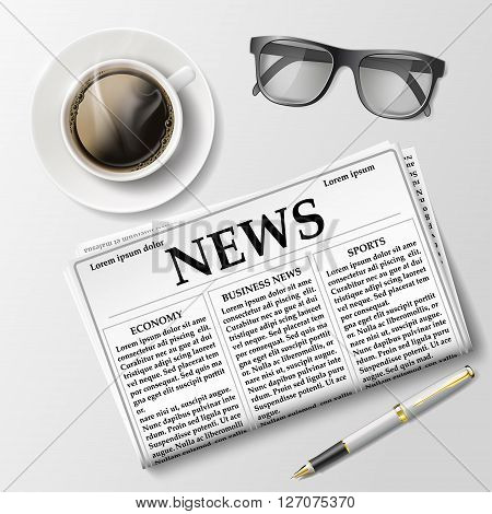 Newspaper with a cup of coffee and glasses on the table. Morning News and breakfast. Stock vector illustration.
